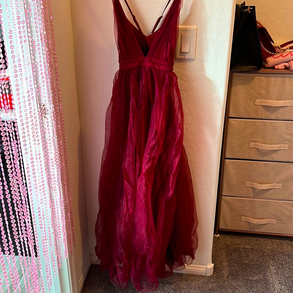 Shein Red/Maroon Fluffy Long Deep V Neck Front and Back